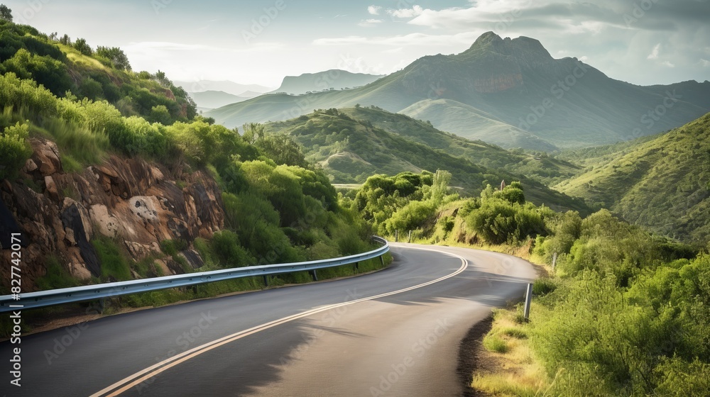 Fototapeta premium asphalt wavy mountain road green trees clouds vacation.