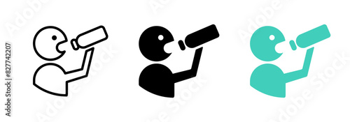 Drinking water icon. Thirsty man holding a bottle. Drinking from the bottle symbol. Hydrating illustration isolated. Beverage icon.