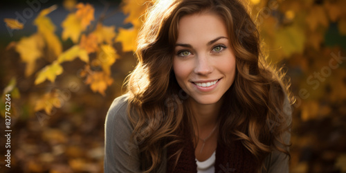 Smiling Woman with Wavy Hair in Autumn Leaves Outdoors
