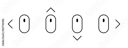 Scroll mouse direction icon set. Scrolling down, up, left and right arrow cursor symbol. Computer mouse vector illustration isolated.
