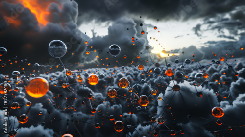 Close-up of molecules on dark clouds. Abstract background. Gas field with dark clouds. Ecology concept.