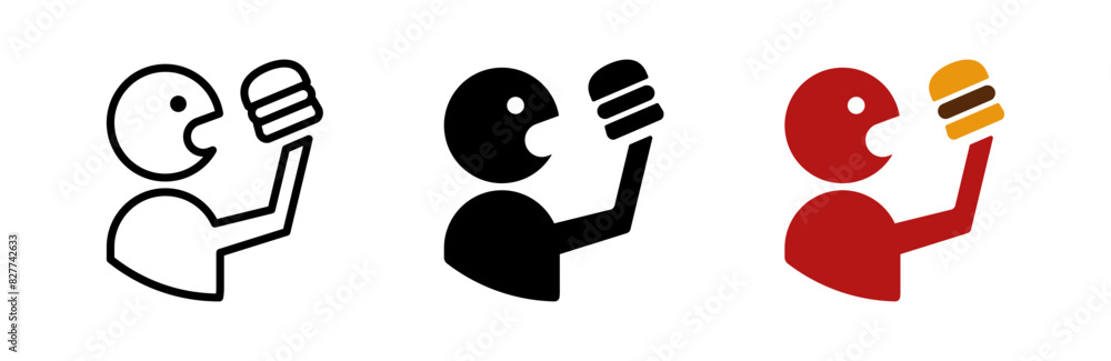 © Chelpanoff - Man eating burger vector illustration. Fast food logo. Eatery emblem. Obesity symbol. Gluttony icon isolated. © Chelpanoff - Man eating burger vector illustration. Fast food logo. Eatery emblem. Obesity symbol. Gluttony icon isolated.