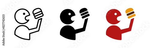 Man eating burger vector illustration. Fast food logo. Eatery emblem. Obesity symbol. Gluttony icon isolated.