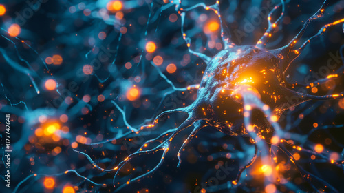 A close up of a brain with many neurons and a bright orange spot. Concept of complexity and wonder, as the brain is a mysterious and intricate organ. Science concept.