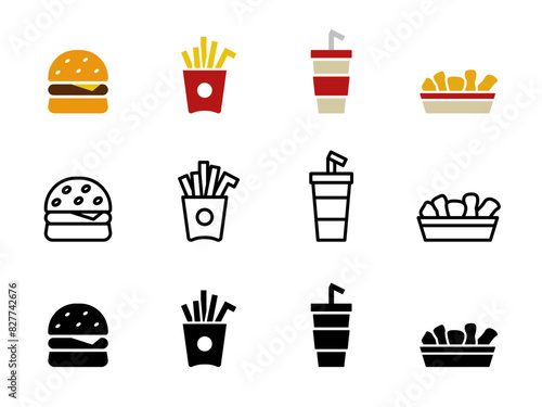 Fast food icon set. Burger symbol. French fries sign. Chicken nuggets vector illustration. Coke soda bottle. Snack icon set isolated. Eatery logo.