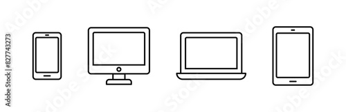 Computer, phone, laptop and tablet icon set. Electronic devices outline isolated illustration. Responsive display web design sign isolated.