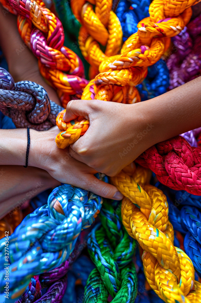 Hands United on Colorful Ropes. A close-up of hands grasping colorful ropes, symbolizing unity and teamwork.
