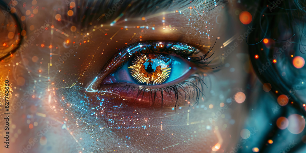 Futuristic Close Up of Human Eye with Digital Art and Holographic Elements Futuristic Close Up of Human Eye with Digital Art and Holographic Elements