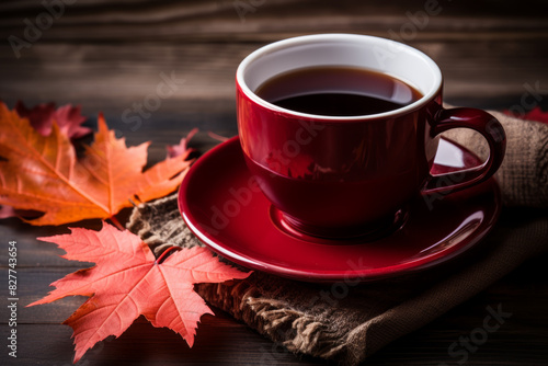 Autumn Coffee in Red Cup with Colorful Fall Leaves on Wooden Table