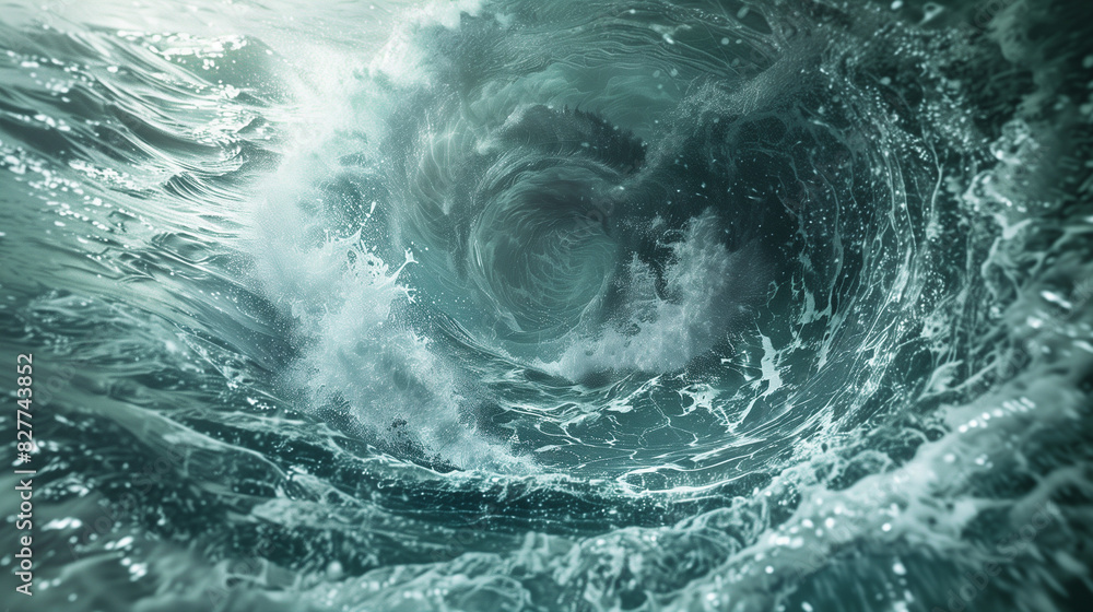 Fototapeta premium A powerful hurricane swirls over the ocean, creating huge, gusty waves and dark clouds that cover the sky. Its destructive power is visible in the swirling eye of the storm