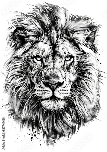 Majestic lion portrait in black and white with flowing mane.