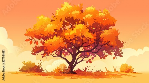 Get your hands on a printable worksheet featuring a charming cartoon rowan tree in a vibrant orange hue on a horizontal A4 page just waiting for your coloring skills to bring it to life © AkuAku