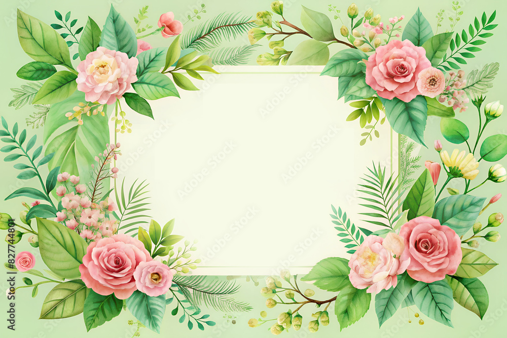 A wedding invitation in a botanical garden-themed, featuring a variety of green leaves, watercolor flowers, a delicate frame natural and chic look at the same time. Card, invitation, banner, flyer. A wedding invitation in a botanical garden-themed, featuring a variety of green leaves, watercolor flowers, a delicate frame natural and chic look at the same time. Card, invitation, banner, flyer.