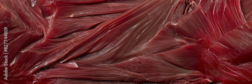 Detailed view of raw red muscle fibers, showcasing the intricate texture and structure of the tissue.