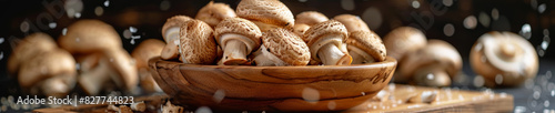 Fresh Shiitake Mushrooms in Wooden Bowl with Falling Snowflake Effects on Rustic Background photo