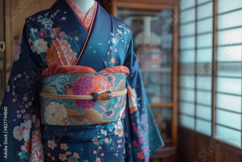 A kimono with a floral pattern and a colorful obi. © Adobe Contributor