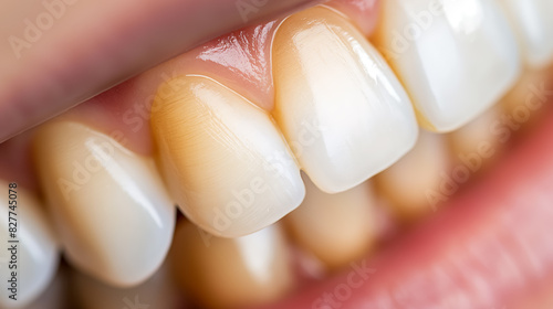 Close-up view of clean, white teeth, highlighting dental health and hygiene, with focus on texture and detail. photo