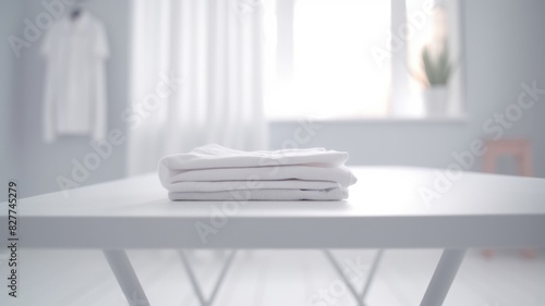 Folded towels on countertop with laundry machine in background. White towel on table in front of washing machine with blurred background. Home comfort and modern lifestyle for interior design. AIG35. © Summit Art Creations