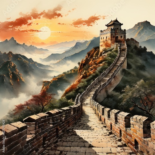 traditional chinese ink and wash painting capturing the great wall of china, generative ai
