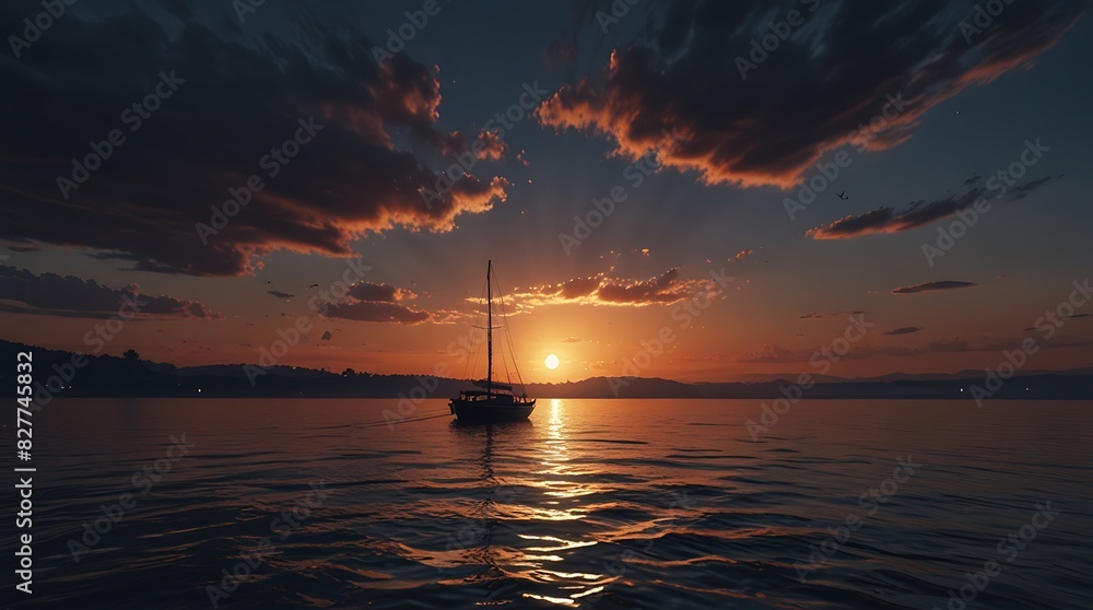 a boat on a lake at sunset. The boat has two people in it