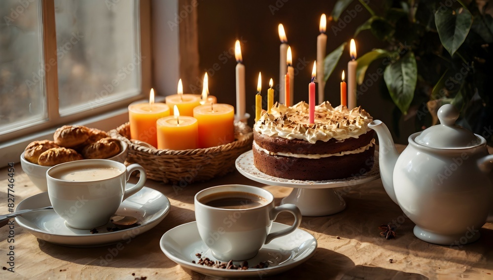 Breakfast table hot coffee birthday cake with candles some pastries autumn ambient daylight warm sunlight