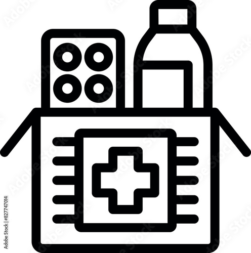 Medical supplies icon in simple black and white line art design for healthcare, medicine, first aid, and emergency equipment