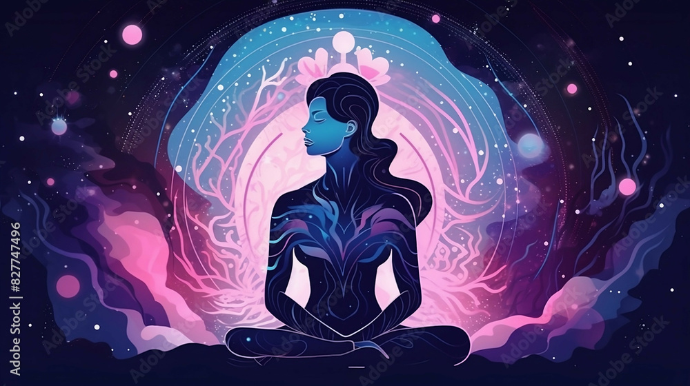 A meditating woman delves into her inner world and discovers harmony A meditating woman delves into her inner world and discovers harmony