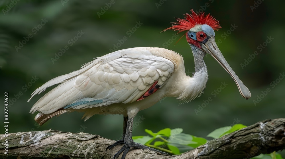 A bird perched on a tree branch, its head adorned with a red mohawk, an eye patch in beak, blue A bird perched on a tree branch, its head adorned with a red mohawk, an eye patch in beak, blue