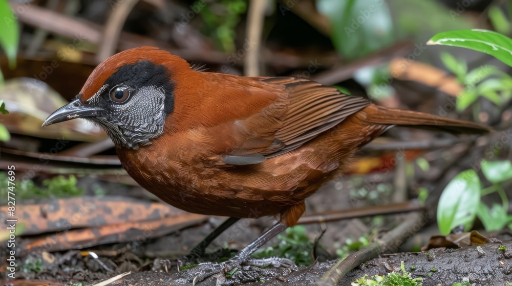 A tight shot of a bird perched on the ground, surrounded by leaves in the background In the foreground, a plant adds detail, while the backdrop blurs with leaves, dirt A tight shot of a bird perched on the ground, surrounded by leaves in the background In the foreground, a plant adds detail, while the backdrop blurs with leaves, dirt