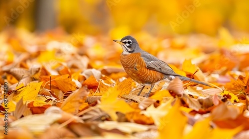  A small bird atop a leafy mound in a sunlit forest, surrounded by yellow and orange leaves, against a backdrop of a clear blue sky © Jevjenijs