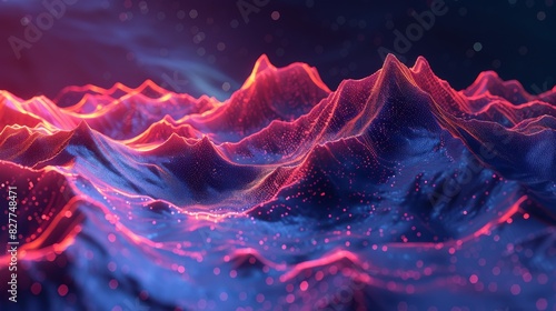 3D Abstract mountain range with neon edges photo