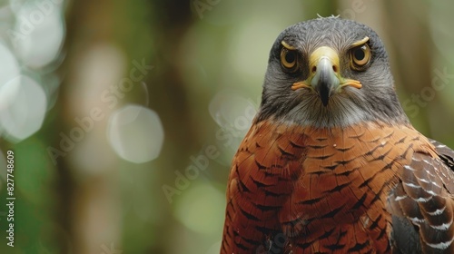  A tight shot of a raptor perched on a tree branch against softly blurred leafy backdrop Foreground features a shallow depth-of-field, subtly obscuring