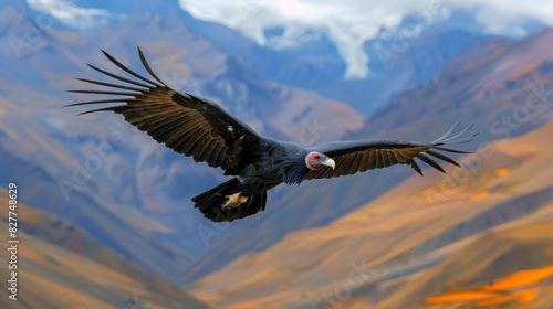  A large black bird flies against a backdrop of mountains and a blue sky dotted with white clouds photo