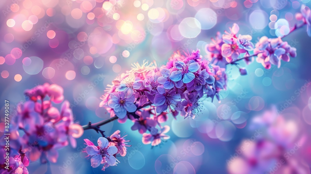 A close-up of a purple flower on a branch with a blurred background of light, and a blurred foreground of pink flowers A close-up of a purple flower on a branch with a blurred background of light, and a blurred foreground of pink flowers