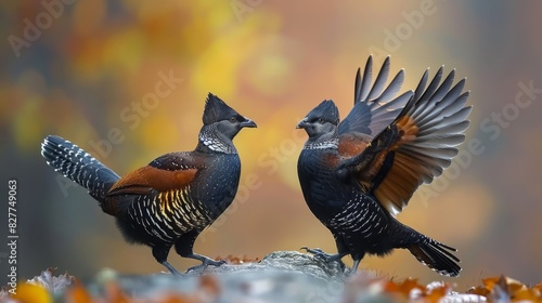 A couple of birds standing next to each other on top of a large pile of leaves Two birds perched together on a mound of leaves atop the ground (Max