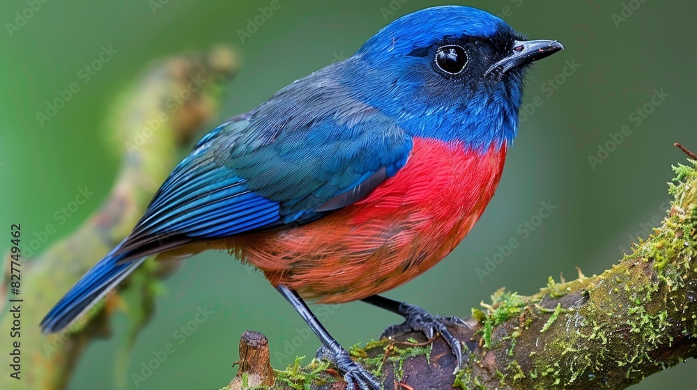  A blue bird perched on a tree branch, red and black feathers contrasting against moss-covered sides Background of leaves and branches softly blurred