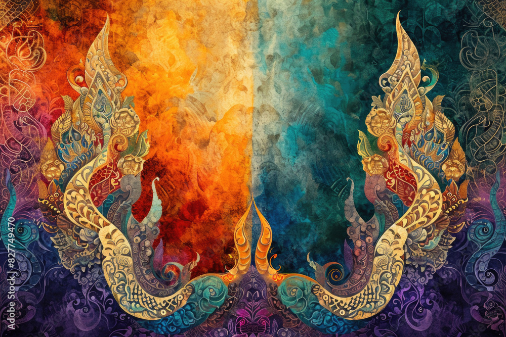 Fototapeta premium Thai-style painting with gold decoration, vintage floral patterns, and dragon motif, representing ancient Thai culture and celebration