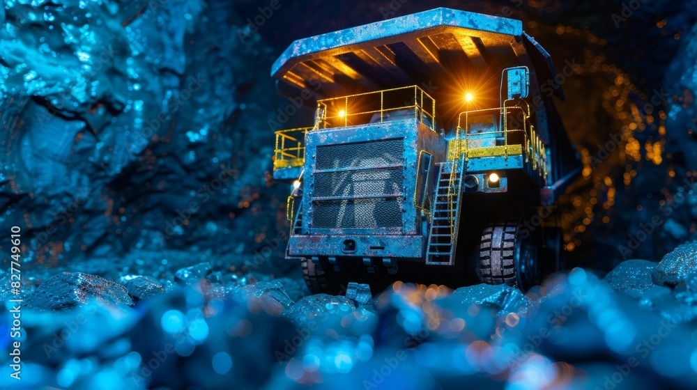 A dump truck navigates a rock-filled tunnel; blue lights flank its sides The driver, positioned at the truck's front, gazes at the camera