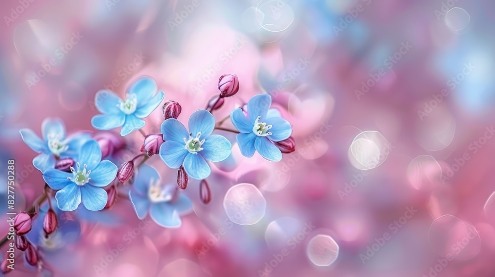 A collection of blue and pink blooms against a pink-blue backdrop Top and bottom, soft light emanates with a blurred effect A collection of blue and pink blooms against a pink-blue backdrop Top and bottom, soft light emanates with a blurred effect