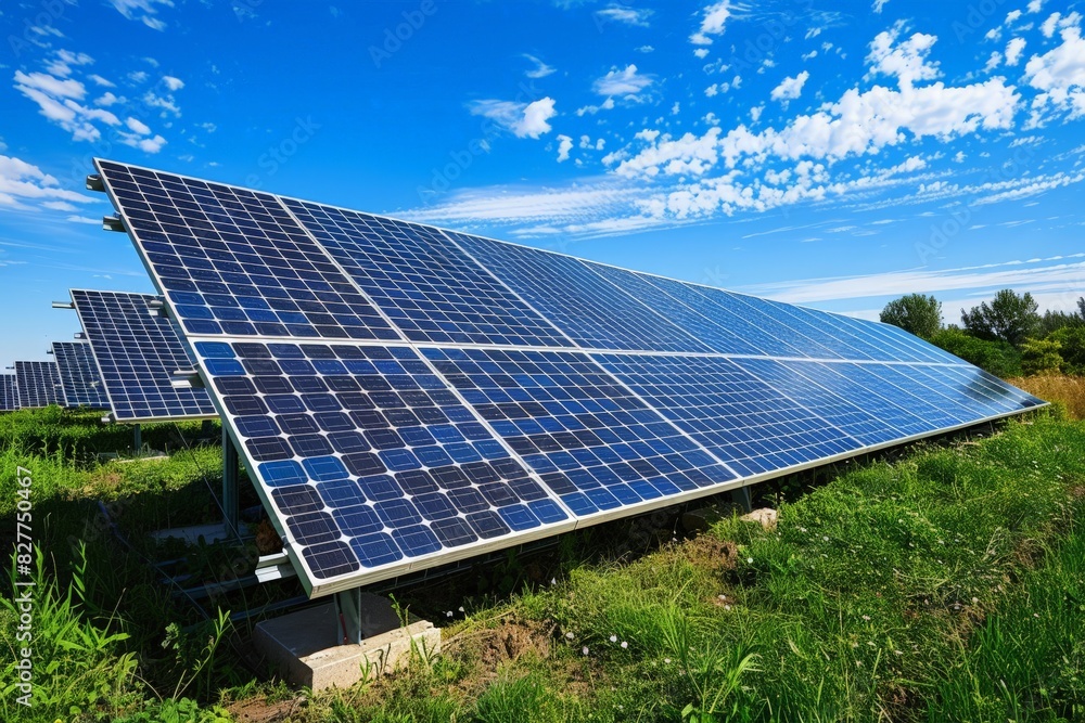 Solar Panels in Green Field on Sunny Day Solar Panels in Green Field on Sunny Day