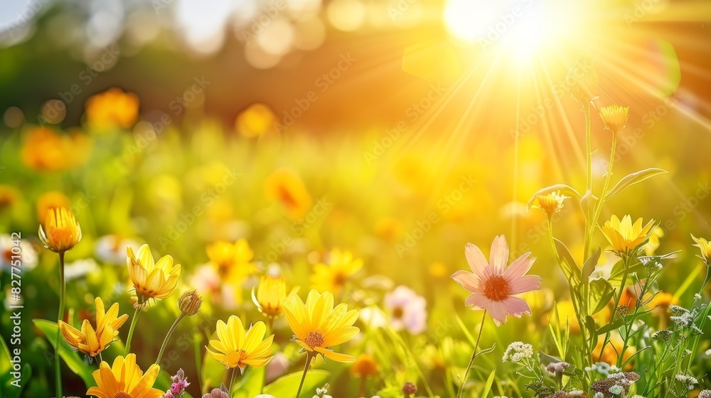 A field of green grass dotted with yellow and white daisies, sun shining through distant trees A field of green grass dotted with yellow and white daisies, sun shining through distant trees