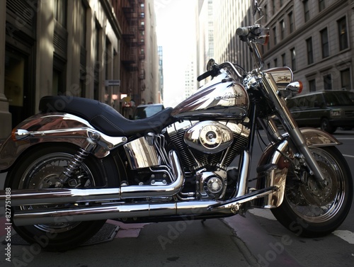 A shiny silver Harley Davidson motorcycle parked on a city street. The motorcycle is parked in front of a building and is surrounded by cars photo