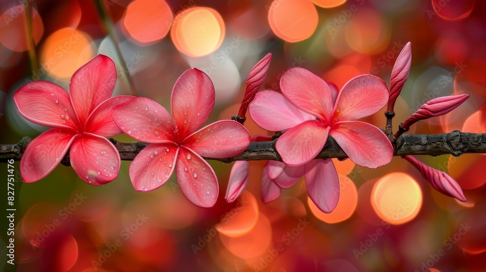 A close-up of a flower on a branch with lights in the background A close-up of a flower on a branch with lights in the background