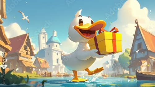 A charming cartoon interpretation of a duck cartoon character holding a gift box has been beautifully rendered photo