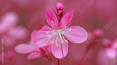  A pink flower with white stamen at its center against a pink background