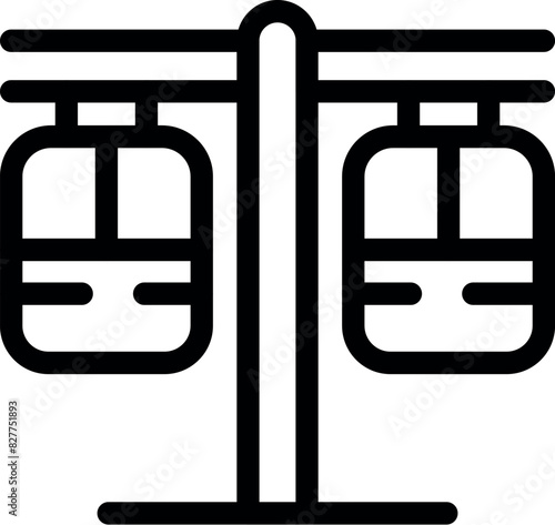 Black and white vector illustration of a cable car in a flat design style