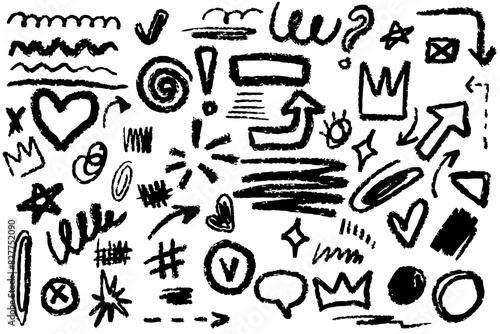 Grunge and punk scrawls, charcoal graffiti scribbles. Rough brush strokes, underlines strikethroughs, stars, crown, curly lines. Freehand stripes and ink shapes collection. Pencil, marker drawn icons.