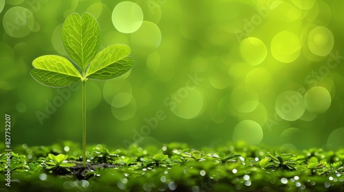  A tiny green plant emerges from the ground  surrounded by a hazy backdrop of green foliage and grass Water droplets dot the ground in the foreground