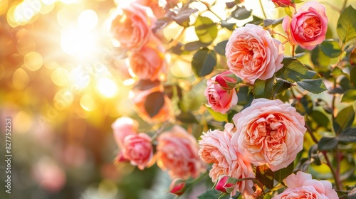  A blurred image showcases a bush filled with pink roses, with the sun illuminating the scene from behind trees Sunlight filters through tree leaves, enhancing the radiance of