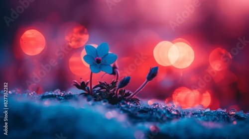  A small blue flower sits atop a patch of grass, preceded by a red-blue bokeh of light that shines on the ground behind it